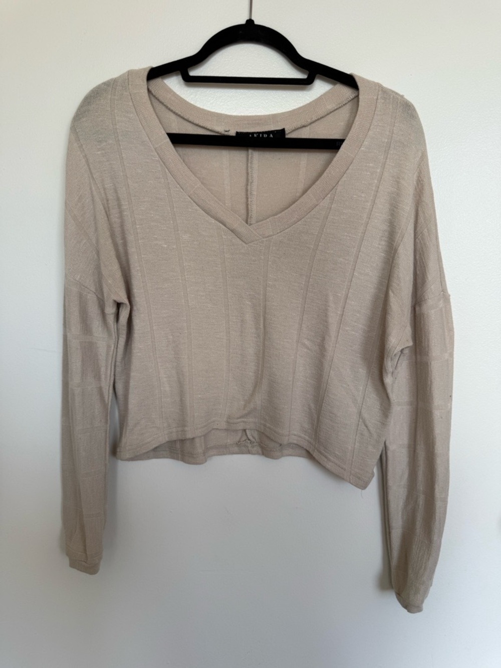 Akira Light Taupe V-Neck Long Sleeve Cropped Sweater